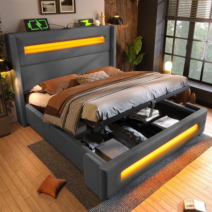 Pugsdrly Gestoffeerd tweepersoonsbed 140x200 cm tienerbed met ledverlichting bed met hydraulische opbergruimte en USB-oplader type C metalen bedframe met houten latten grijs linnen zonder matras
