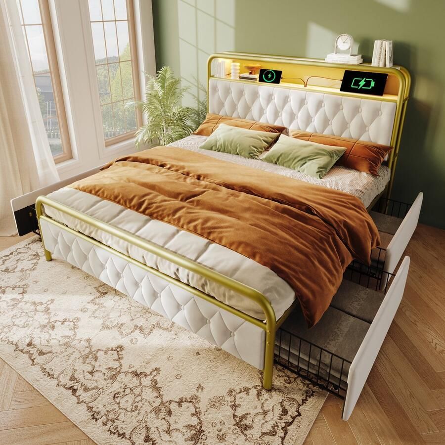Pugsdrly Gestoffeerd bed tweepersoonsbed met oplaadfunctie USB type C APP-bediening LED-bedframe metalen bed 160×200 bedframe en 4 lades fluweel (zonder matras)