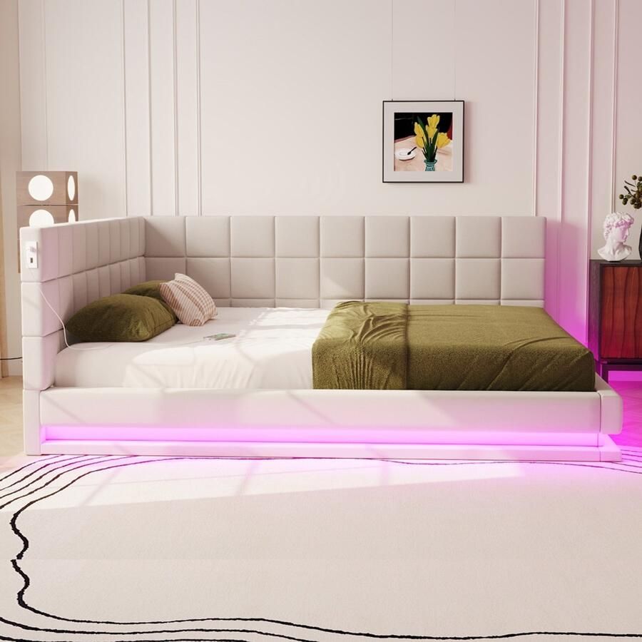 Pugsdrly Gestoffeerde slaapbank 160*200 Multifunctioneel bed met LED-lichtstrip USB-aansluiting en lattenbodem aangenaam aanvoelende beige fluweelstof