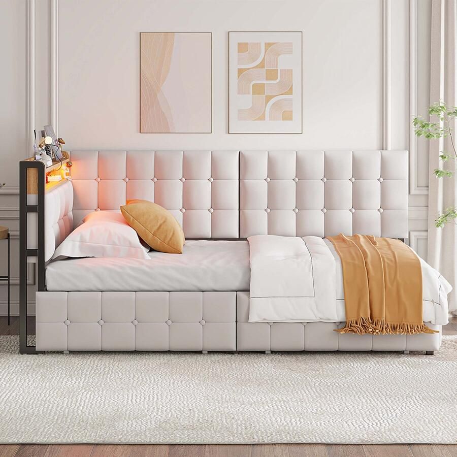 Pugsdrly Gestoffeerde slaapbank 90 x 200 gestoffeerd bed met 2 lades en LED-nachtlampje USB- en Type-C-aansluiting multifunctioneel bootbed voor kinderen beige eenpersoonsslaapbank