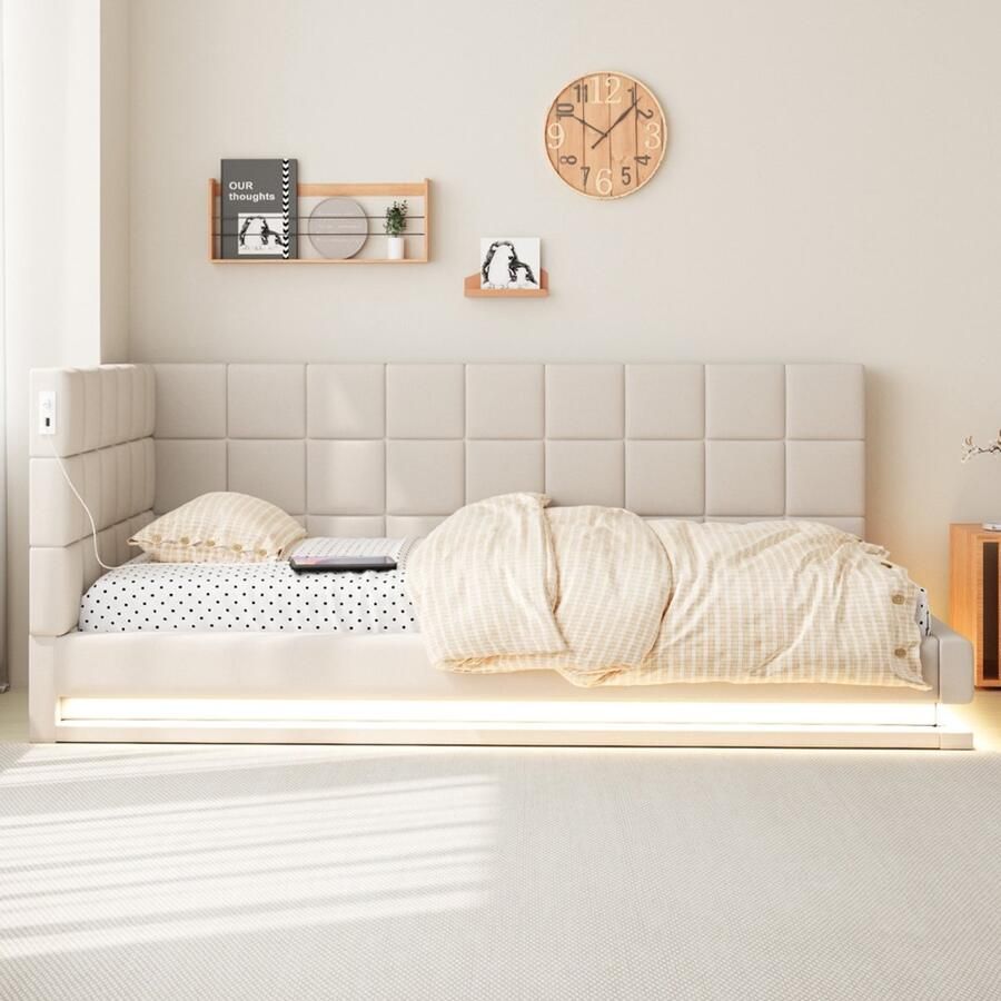 Pugsdrly Gestoffeerde slaapbank 90*200 Multifunctioneel bed met LED-lichtstrip USB-aansluiting en lattenbodem aangenaam aanvoelende beige fluweelstof