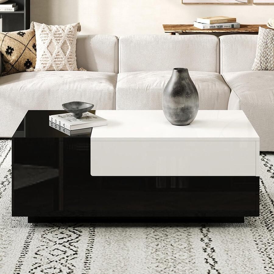 Pugsdrly Glanzende salontafel 100*50*38 cm salontafel met 1 lade bijzettafel met uitschuifbaar blad geometrische tafel salontafel met zwart-wit gestikt motief grote opbergruimte