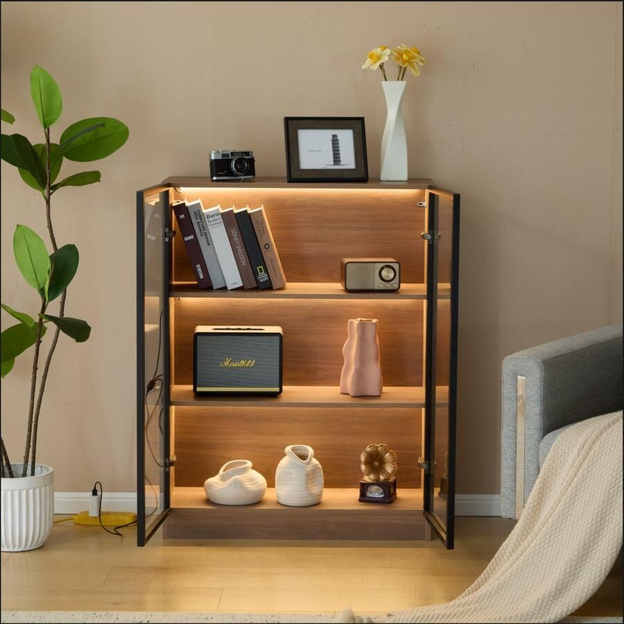 Pugsdrly Glazen vitrinekast met verlichting zwarte glazen vitrinekast zwarte vitrinekast voor verzamelingen multifunctionele vitrinekast op voet met 3 legplanken woonkamermeubel L32 H106 P80 cm