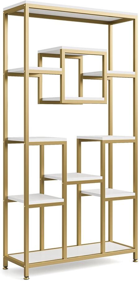 Pugsdrly Gouden boekenkast van 180 cm hoog moderne boekenkast op poten met 11 open planken hoge boekenkast voor de woonkamer slaapkamer thuiskantoor goud en wit