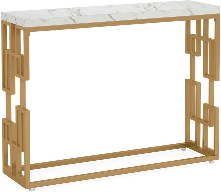 Pugsdrly Gouden console moderne bijzettafel met gouden metalen poten 108 x 30 x 80 cm haltafel salontafel met wit kunstmarmeren blad voor de hal gang woonkamer eenvoudige montage