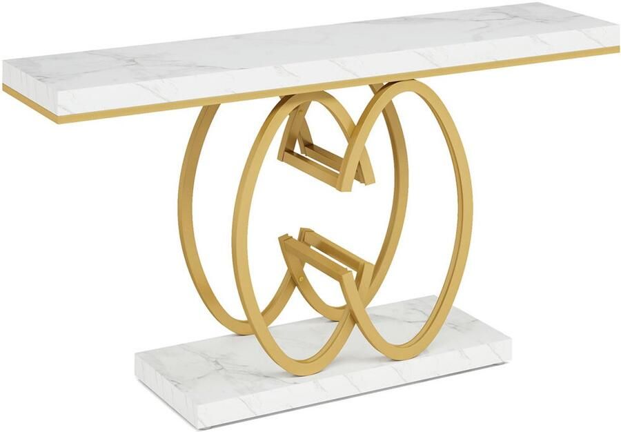 Pugsdrly Gouden consoletafel van 140 cm moderne hal gangtafel met geometrische metalen voet salontafel van hout in imitatie wit marmer voor de woonkamer wit en goud