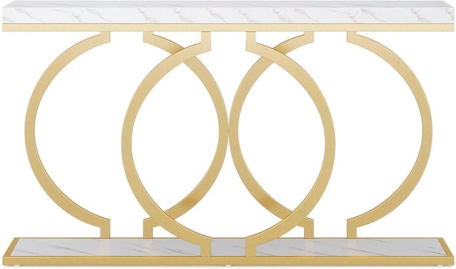 Pugsdrly Goudkleurige consoletafel 140 cm moderne hal gangtafel met goudkleurige O-vormige metalen poten salontafel van hout met wit marmerlook voor de woonkamer wit en goudkleurig