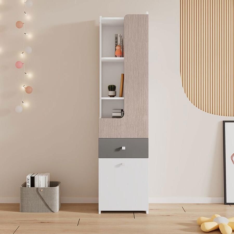 Pugsdrly Grote boekenkast plank voor tieners met L-deur met lade opbergkasten scharnierende deuren met vierkante metalen knoppen MDF wit + licht iepenhoutkleur + grijs