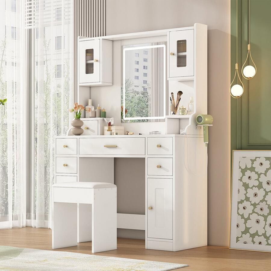 Pugsdrly Grote kaptafel met verstelbare LED-verlichting en stopcontacten kaptafel met spiegel 6 lades en 4 deuren voor de slaapkamer wit afmetingen 105 × 152 × 40 cm (B × H × D)