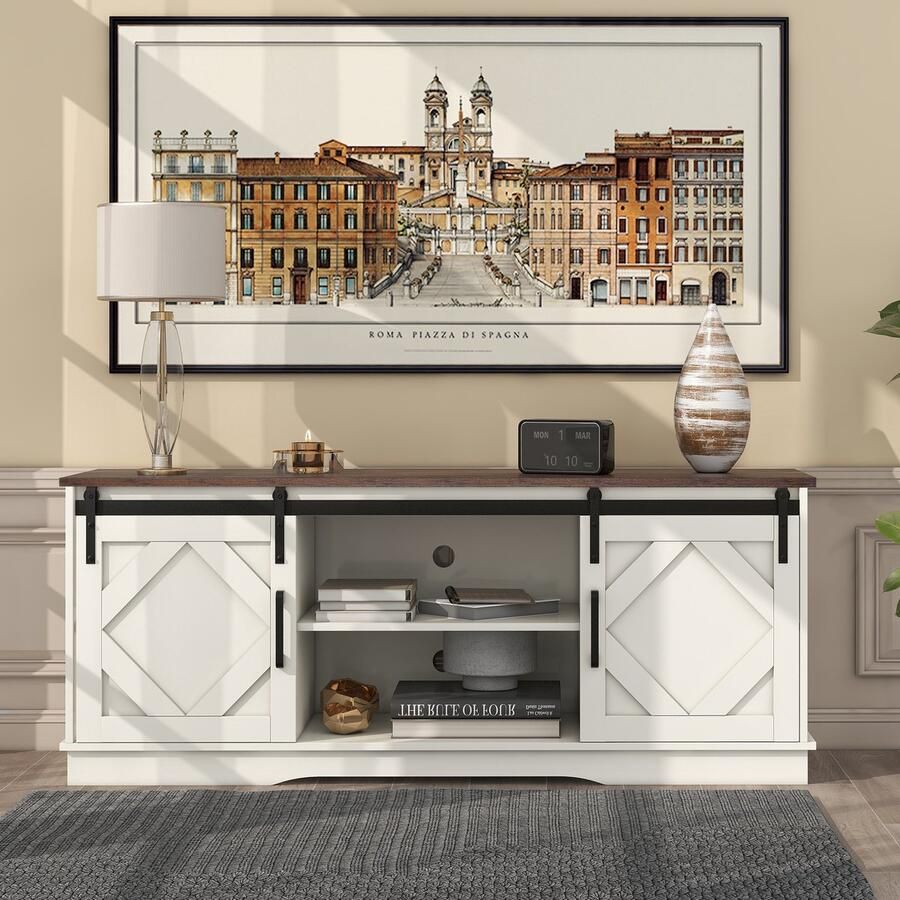 Pugsdrly Grote tv-kast Tv-standaard Dressoir Entertainmentcentrum met 2 klassieke schuifdeuren Verstelbare planken voor woonkamer Eetkamer Landhuis Modern design 150*40*60 cm