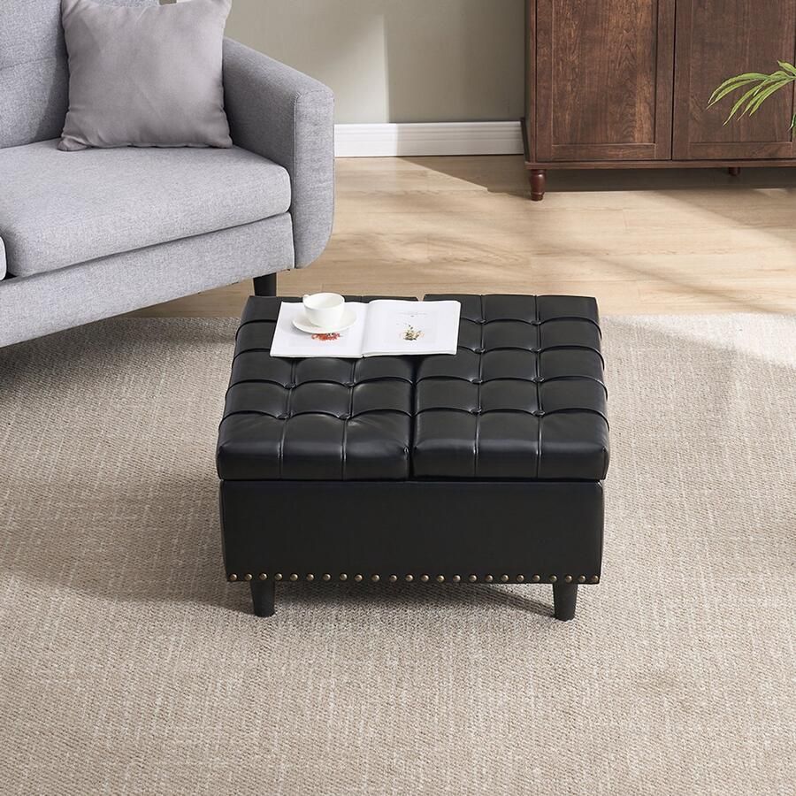 Pugsdrly Grote vierkante opbergstoel opklapbare bank met opbergruimte geschikt voor de woonkamer slaapkamer kantoor opbergbox met bekleding (PU zwart)