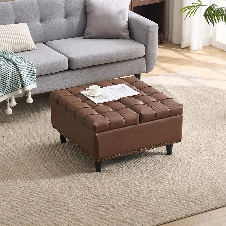Pugsdrly Grote vierkante opbergstoel opklapbare bank met opbergruimte geschikt voor de woonkamer slaapkamer kantoor gewatteerde opbergbox (bruin PU)