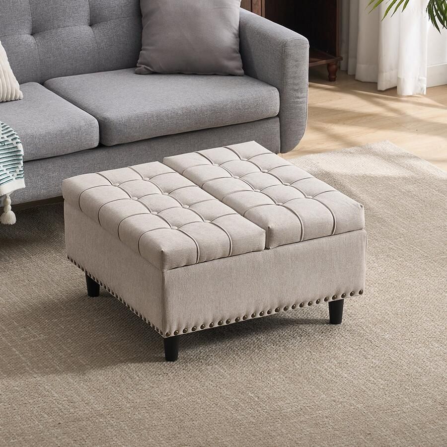 Pugsdrly Grote vierkante opbergstoel opklapbare bank met opbergruimte geschikt voor de woonkamer slaapkamer kantoor gewatteerde opbergbox (beige)