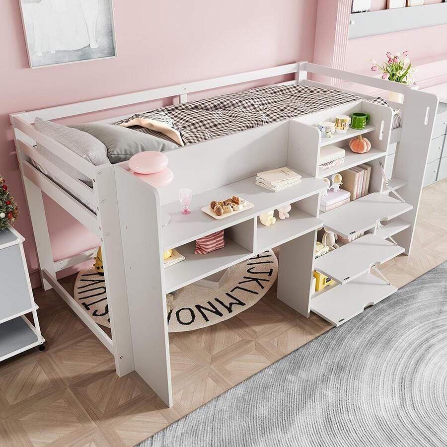 Pugsdrly Halfhoog bed 90 x 200 cm in de vorm van een huis meerdere opbergvakken entertainmentruimte onder het bed zonder matras wit