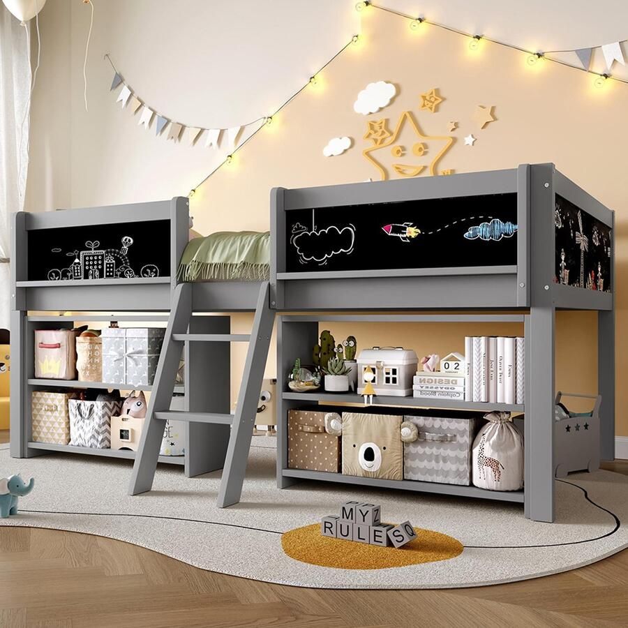 Pugsdrly Halfhoog bed 90 x 200 cm Meerdere opbergplanken Leuning Ladder inbegrepen Gemaakt van grenenhout Minimalistische stijl Zonder matras Grijs