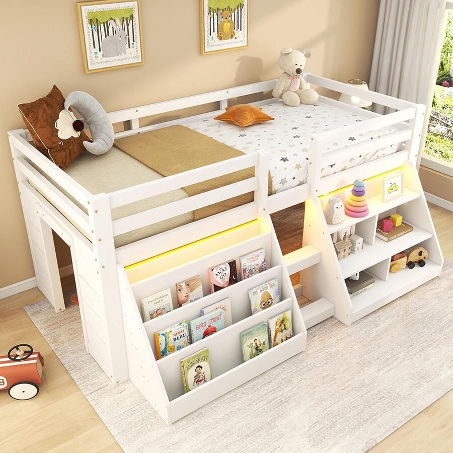 Pugsdrly Halfhoog bed 90*200 cm meerdere opbergplanken bedhekken ladder grenenhout zonder matras minimalistische stijl wit