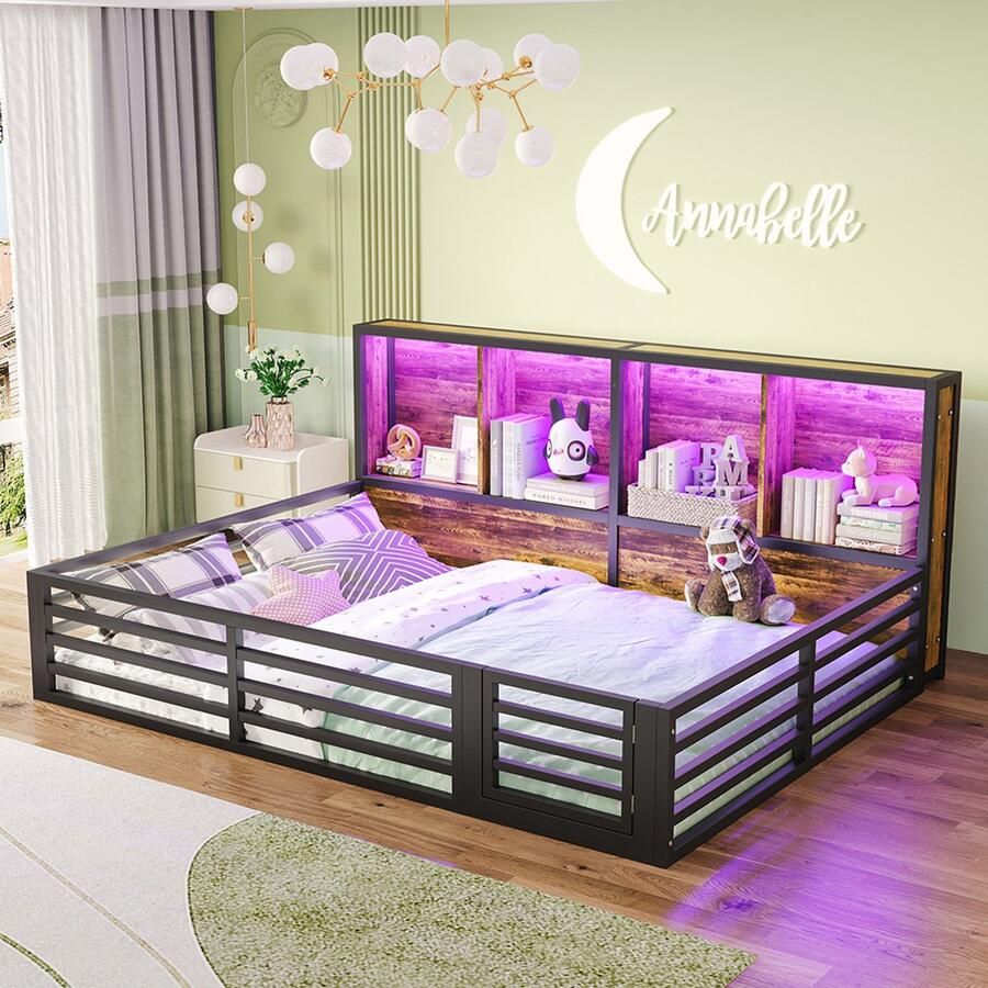 Pugsdrly Hemelbed 140 x 200 cm dagbed platform bedzijde met opbergvak bed met lattenbodem (zonder matras) balustrade metaal zwart