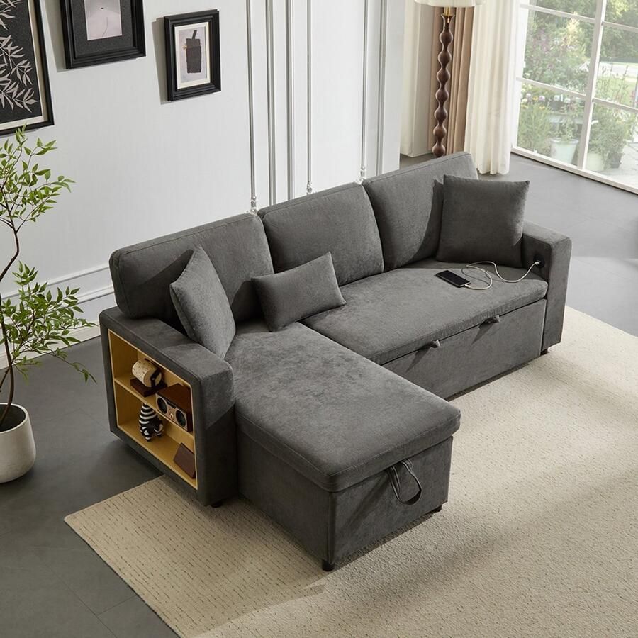 Pugsdrly Hoekbank L-vormige bank Uitschuifbare slaapbank opbergkist en geïntegreerde plank donkergrijs