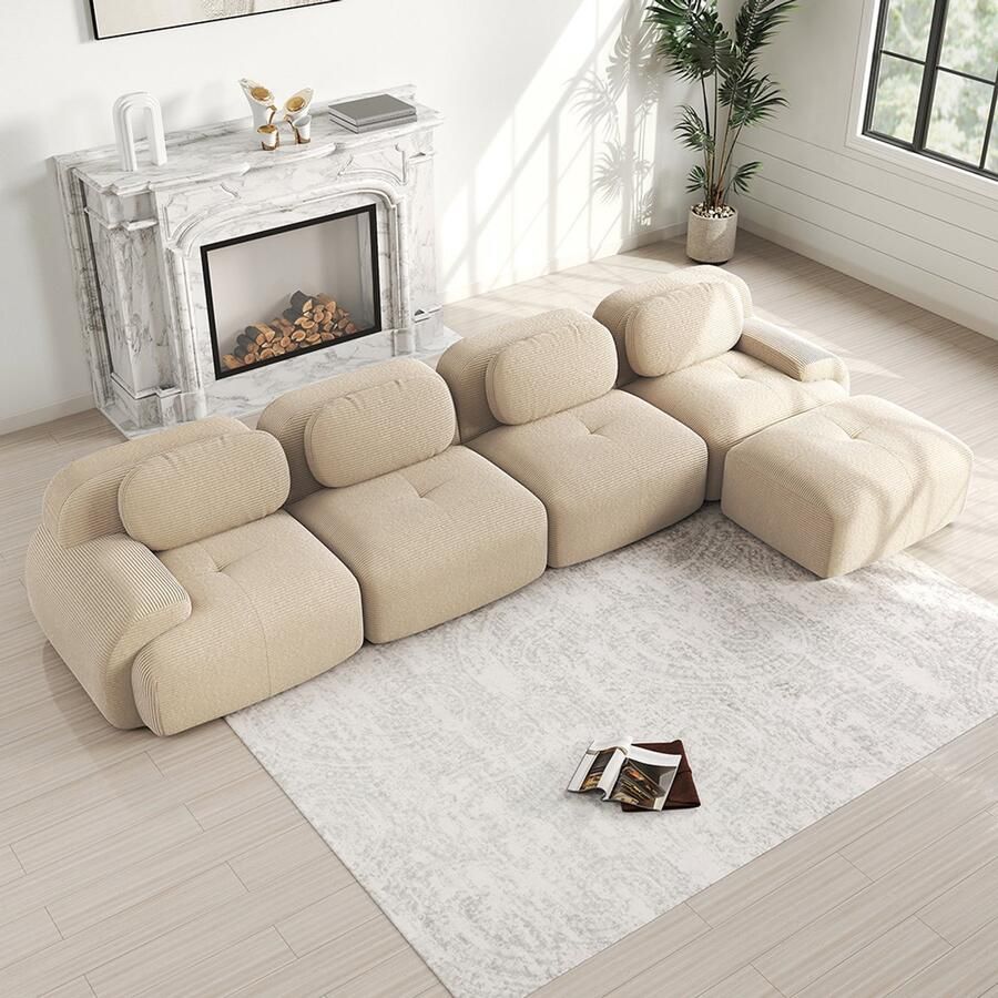 Pugsdrly Hoekbank met 4 zitplaatsen en zeer elastische 32D-vulling antislip met chaise longue extra brede armleuningen vrij te combineren zonder montage voor kantoor woonkamer en thuisbioscoop beige