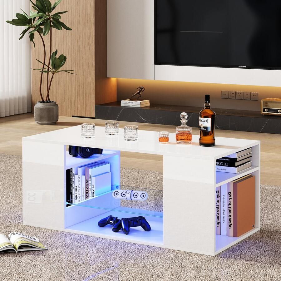 Pugsdrly Hoogglans salontafel met glas led-salontafels witte salontafel meerdere opbergruimtes 96x45x45 cm