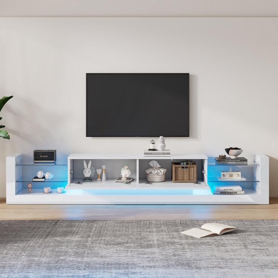 Pugsdrly Hoogglans tv-kast met ledverlichting 181 cm – voor tv's tot 80 inch glazen front twee opklapbare lades