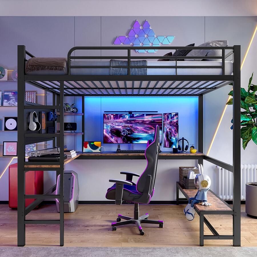 Pugsdrly Hoogslaper 140 x 200 cm ijzeren frame bureau veiligheidshek ladder opbergmogelijkheden met USB-aansluiting + type C met ledstrip met geperforeerd paneel zonder matras zwart