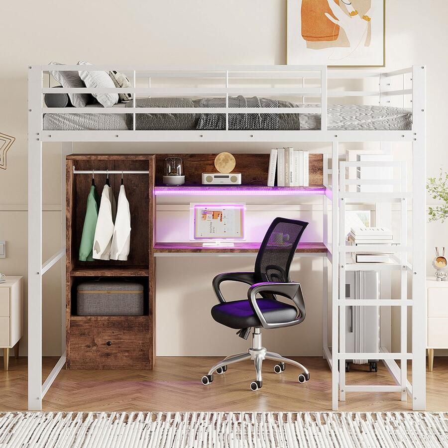 Pugsdrly Hoogslaper 140 x 200 cm metalen bed met ledlampjes bureau 1 lade planken veiligheidshekjes trap zonder matras wit