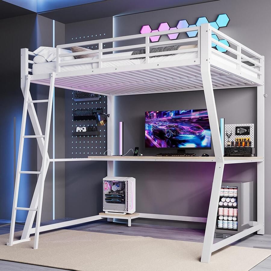 Pugsdrly Hoogslaper 140*200 cm met ledverlichting plank voor computerconsole bureau stopcontact + USB leuning trap zonder matras wit