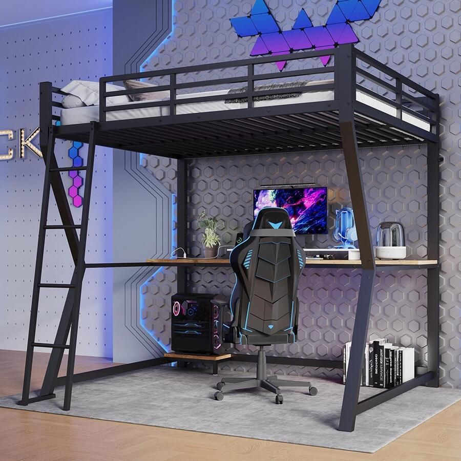 Pugsdrly Hoogslaper 140*200 cm met ledverlichting plank voor computerconsole bureau stopcontact + USB leuning trap zonder matras zwart