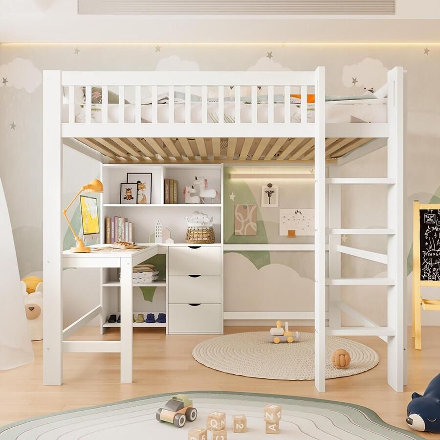 Pugsdrly Hoogslaper 140x200 cm bureau met beveiligingsrail meerdere opbergvakken 3 lades ladder wit zonder matras Tweepersoonsbedden Kinderbedden - Foto 2