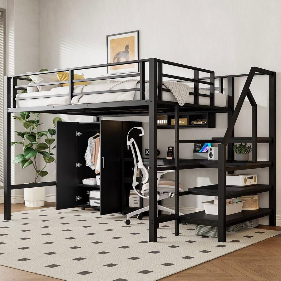 Pugsdrly Eenpersoonsbed Mezzaninebed Kinderbed 140x200 cm met kast planken opberg ladder bureau zwart - Foto 2