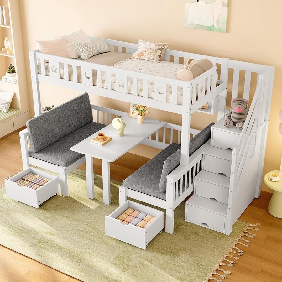 Pugsdrly Hoogslaper 90 x 200 cm 2-in-1 multifunctioneel ontwerp Bureau onder het bed Ladder met opbergruimte Met decoratieve barrière (sterren & maan) Wit