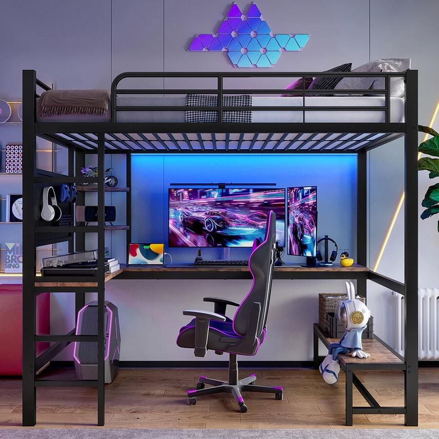 Pugsdrly Hoogslaper 90 x 200 cm ijzeren frame bureau veiligheidshek ladder opbergmogelijkheden met USB-aansluiting + type C met ledstrip met geperforeerd paneel zonder matras zwart