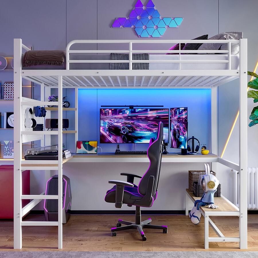 Pugsdrly Hoogslaper 90 x 200 cm ijzeren frame bureau veiligheidshek ladder opbergmogelijkheden met USB-aansluiting + type C met LED-strip met geperforeerd paneel zonder matras wit