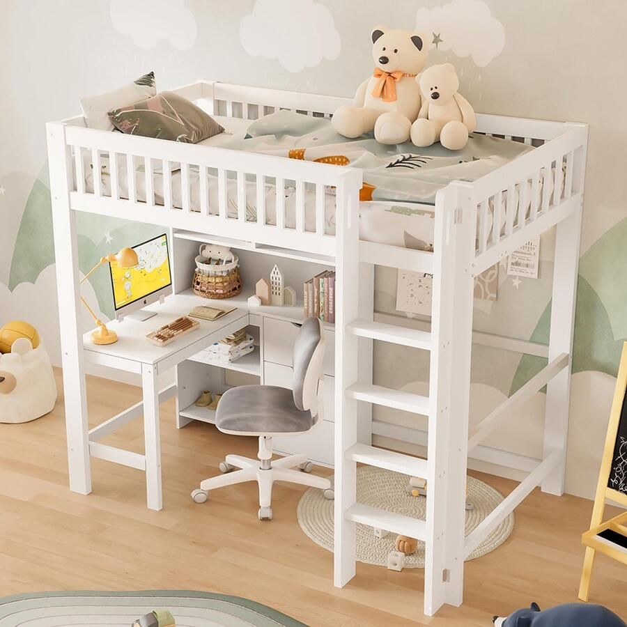 Pugsdrly Hoogslaper 90 x 200 cm Meerdere opbergruimtes met 3 lades Ladder inbegrepen Bureau Zonder matras Wit - Foto 2