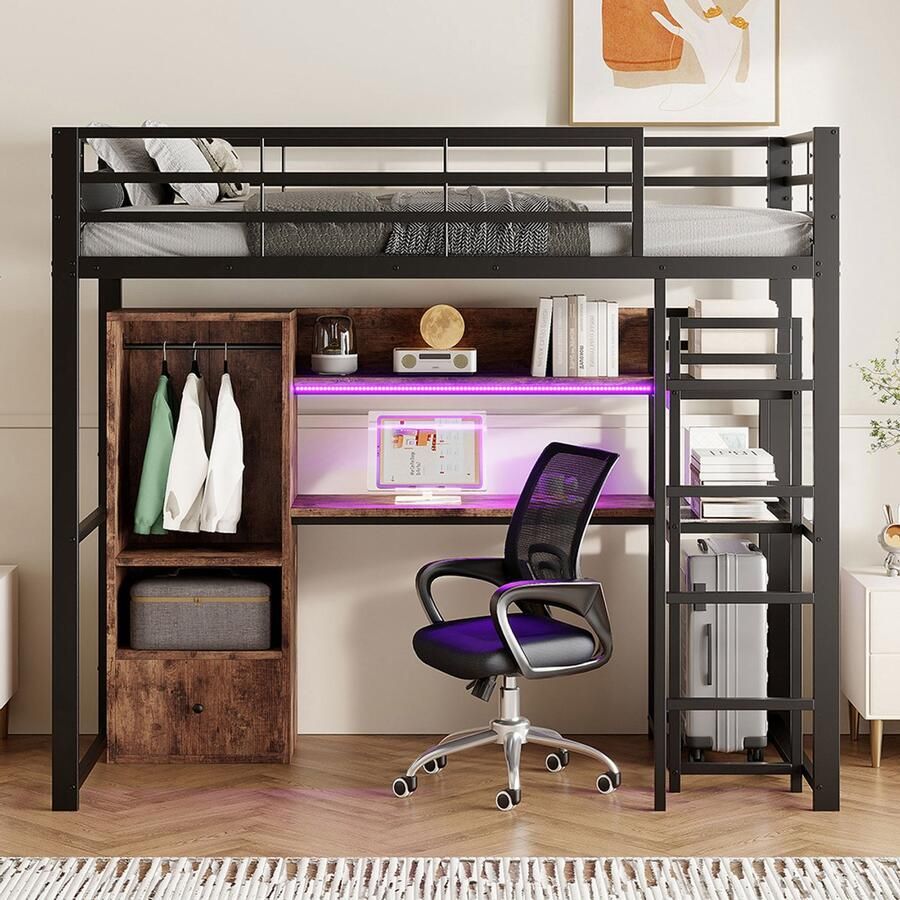 Pugsdrly Hoogslaper 90 x 200 cm metalen bed met ledlampen bureau 1 lade planken veiligheidshekken trap zonder matras EN747-gecertificeerd zwart