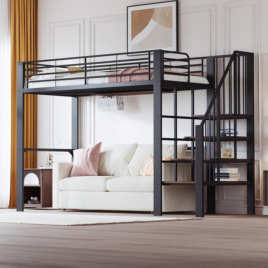 Pugsdrly Hoogslaper 90 x 200 Stabiel metalen frame met ruime opbergruimte onder het bed en trap Ideaal voor kinderen en volwassenen Bed met opbergruimte voor maximale ruimtebenutting - Foto 1