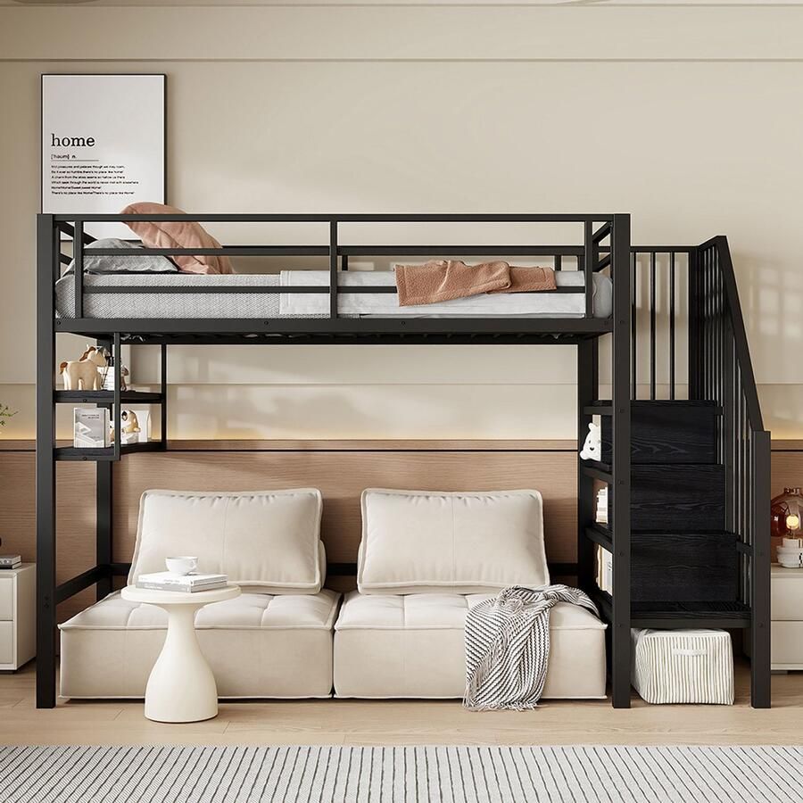 Pugsdrly Hoogslaper 90*200 cm planken opbergladder vrije ruimte onder het bed om te kleden veiligheidshek zonder matras zwart