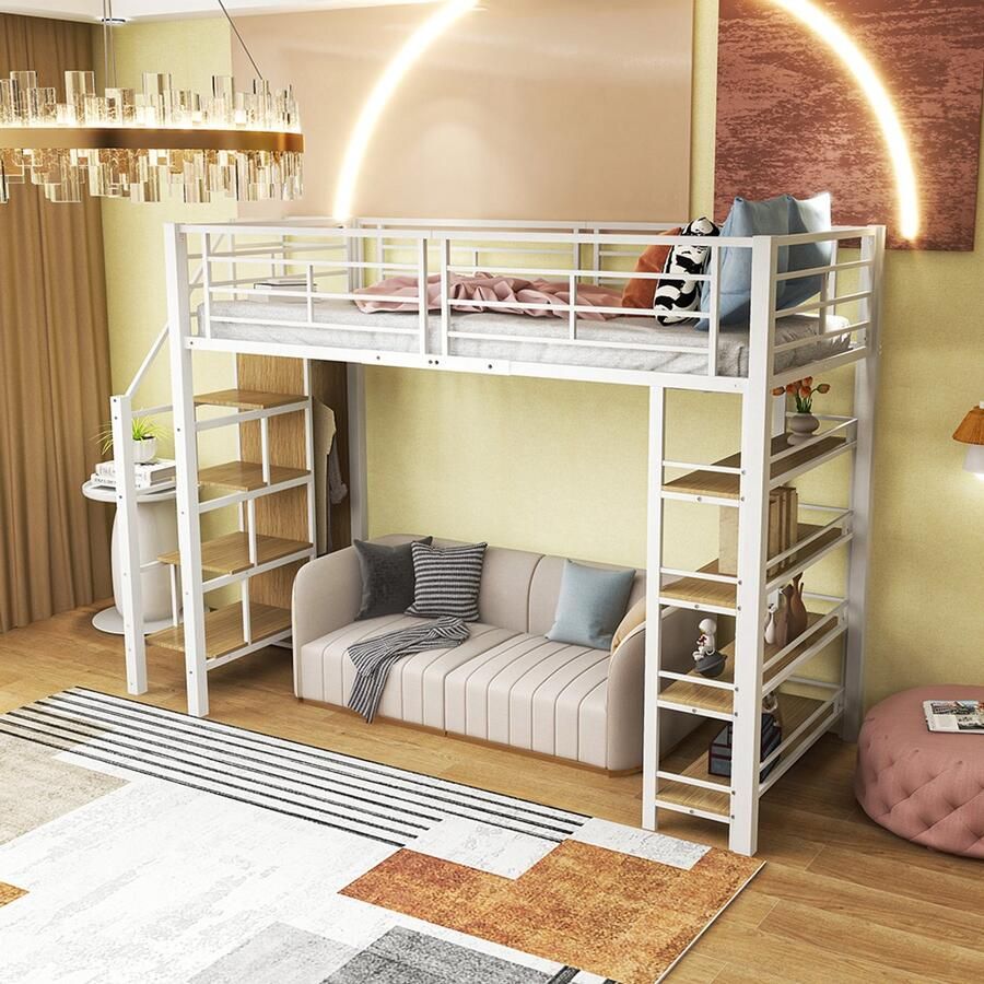 Pugsdrly Hoogslaper 90*200 met veiligheidsladder opbergruimte en kleine kledingkast legplanken hoog hekwerk eenpersoonsbed jeugdbed wit