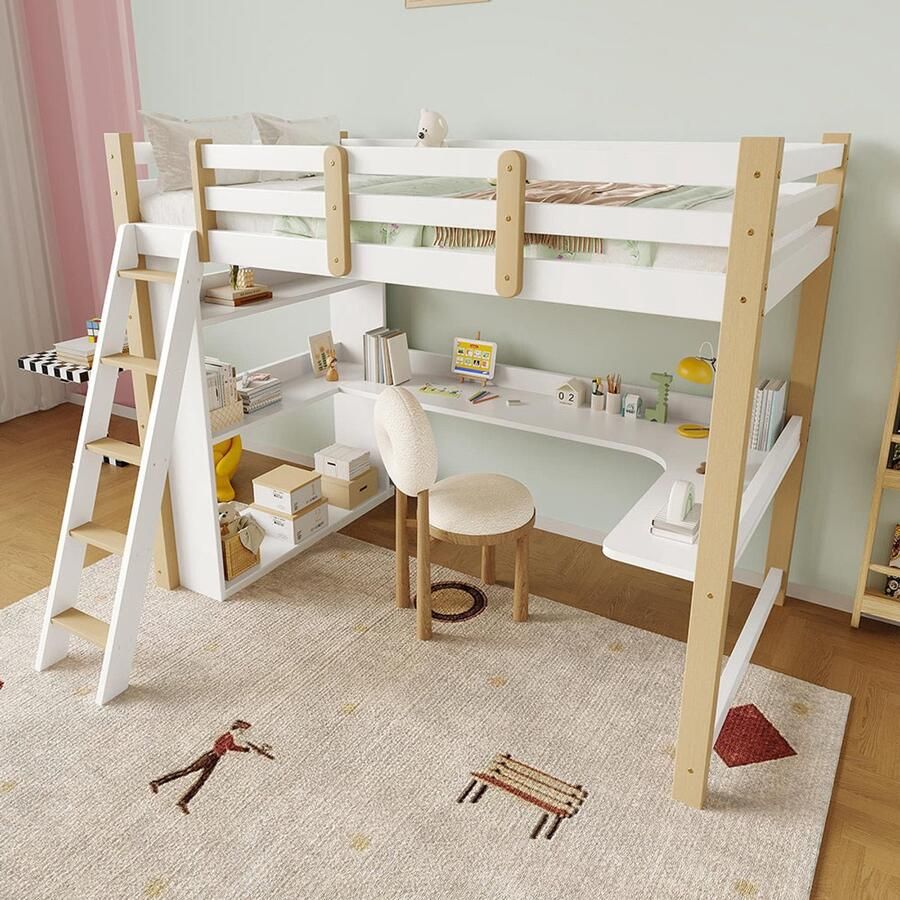 Pugsdrly Stapelbed voor kinderen 90 x 200 cm met veiligheidshekken en lattenbodem kinderbed met schuine ladder geïntegreerd bureau en planken stapelbed van massief hout multifunctioneel familiebed in wit