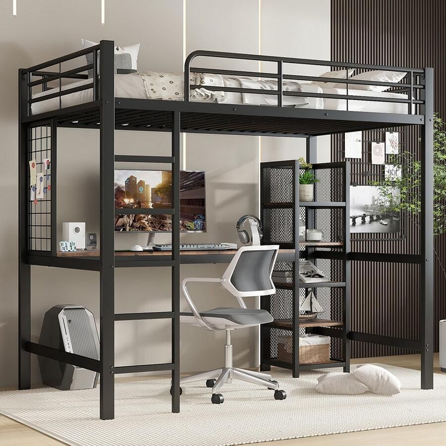 Pugsdrly Hoogslaper ijzeren bed ijzer + MDF met tafel en plank op verschillende niveaus voorzien van een metalen rooster stevige reling en ladder zwart + donker houtkleur 90 x 200 cm