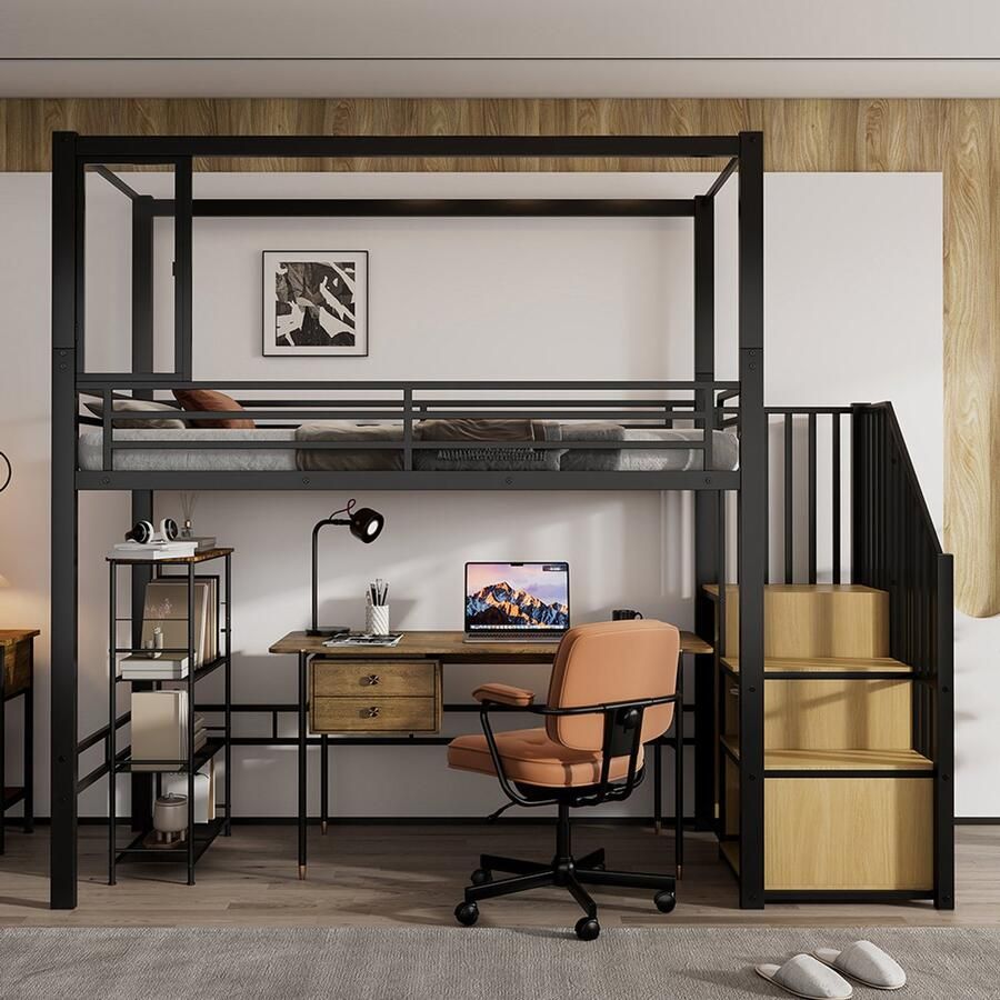 Pugsdrly Hoogslaper ijzeren bed ijzer + MDF trap met kledingrek en opbergvakken acrylraam met magneten vrije indeling van de onderverdieping zwart + naturel