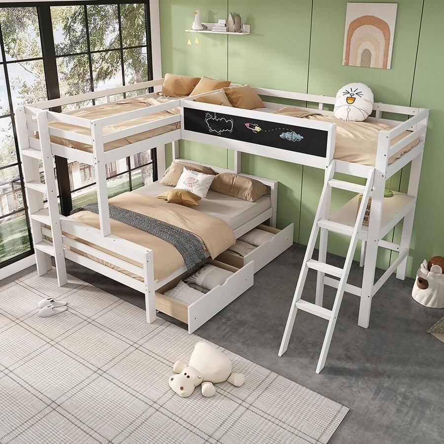Pugsdrly Hoogslaper in het kinderbed kunnen drie kinderen slapen heeft opberglades van grenenhout stapelbed kinderbed met bureau en plank 140*200 cm 90*200 cm wit
