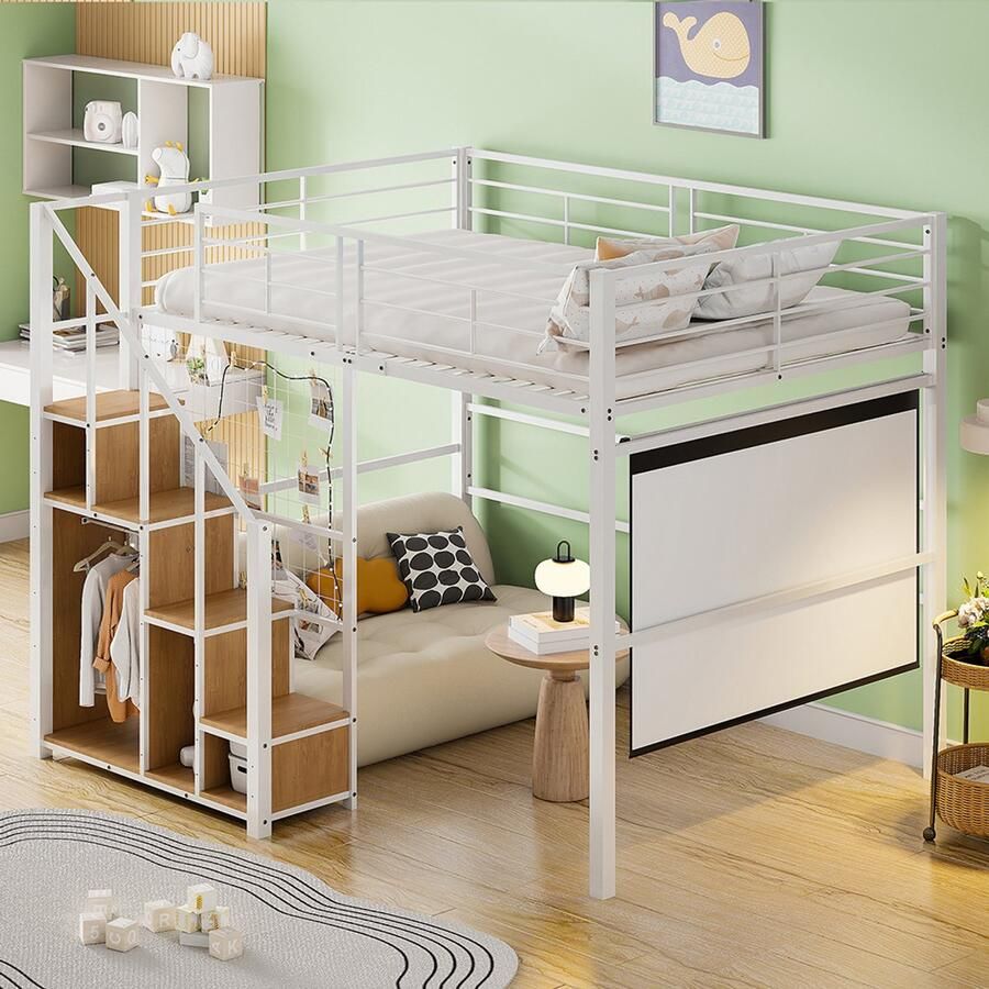 Pugsdrly Hoogslaper met veiligheidsladder 140*200 kinderbed met ijzeren frame en opbergruimte jeugdbed wit