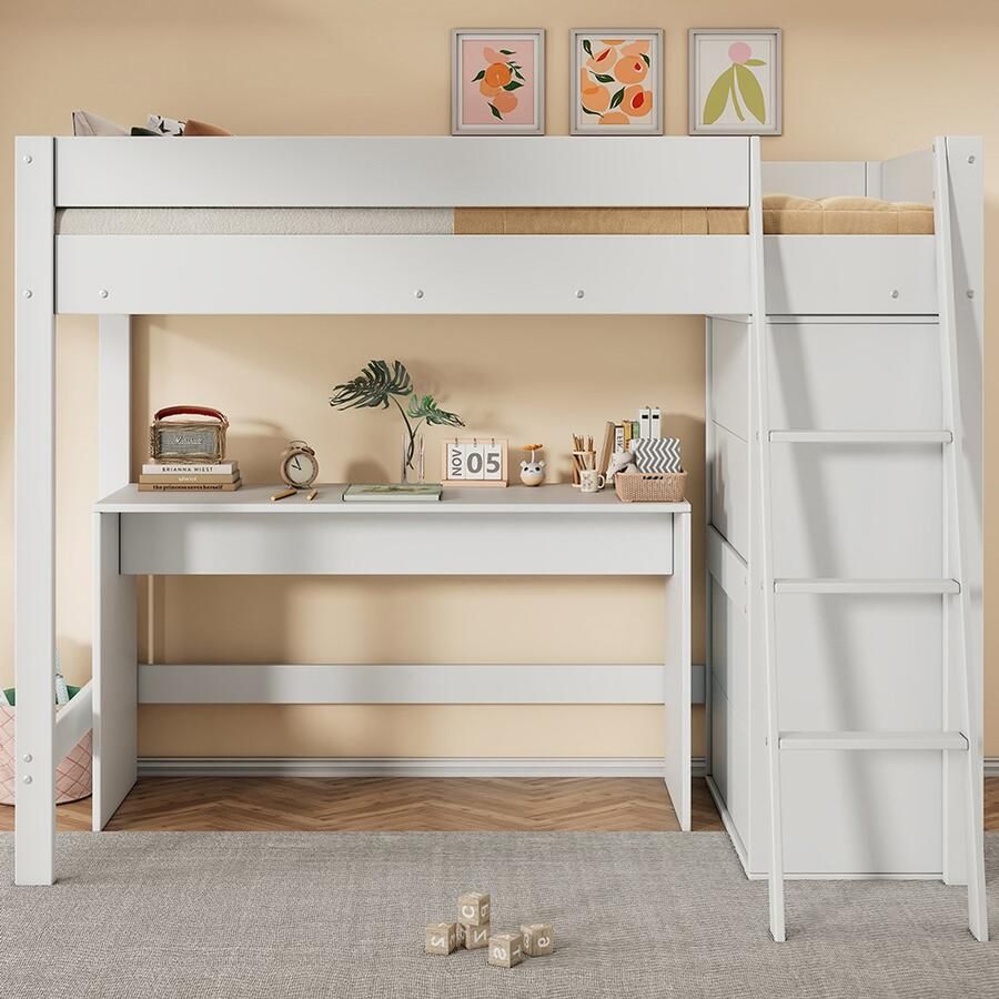 Pugsdrly Hoogslaper voor kinderen multifunctioneel kinderbed met ladder met bureau met kledingkast vrij te combineren zonder matras massief hout wit 90*200