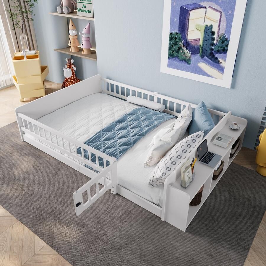 Pugsdrly Houten bed kinderbed 140 x 190 cm wit grenenhout open opbergruimte legplanken te openen behuizing zonder matras