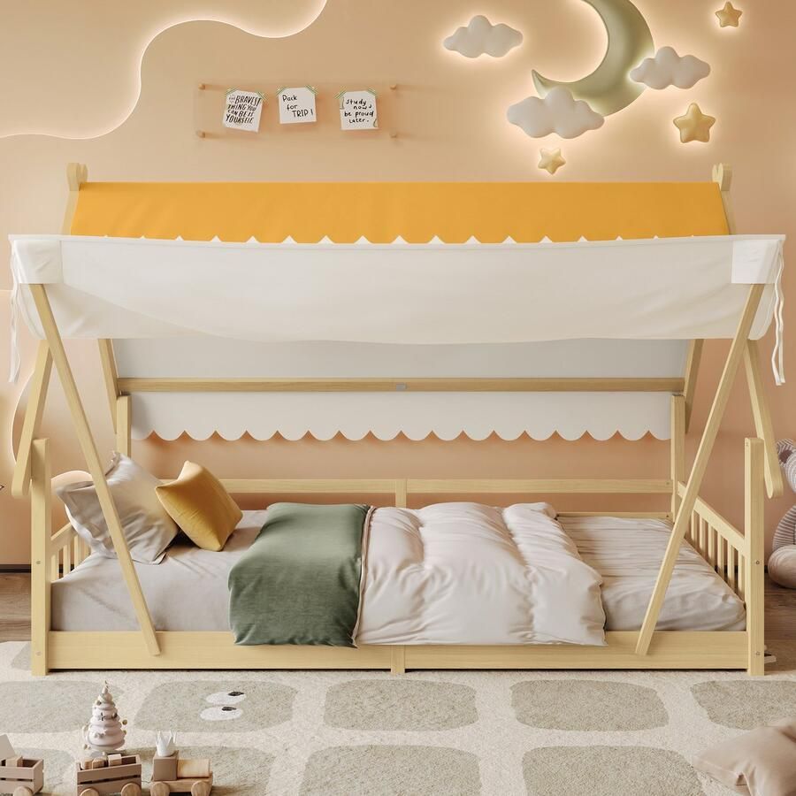 Pugsdrly Houten bedden kinderbed eenpersoonsbed prachtig houten huisontwerp de tent is afneembaar stabiele lattenbodems met veiligheidshekje dennenhout + multiplex naturel 90x200cm