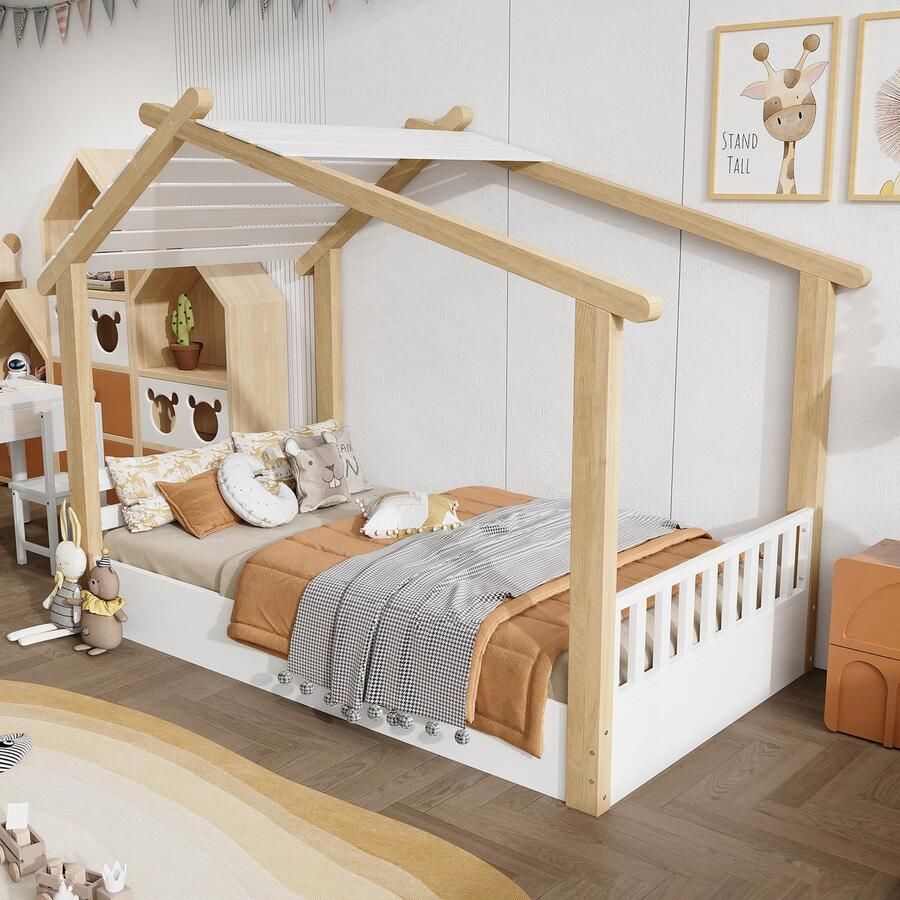 Pugsdrly Houten bedden kinderbed eenpersoonsbed prachtig houten huisontwerp stabiele lattenbodems eenvoudig ontwerp grenen + spaanplaat + MDF wit + naturel 90x190 cm