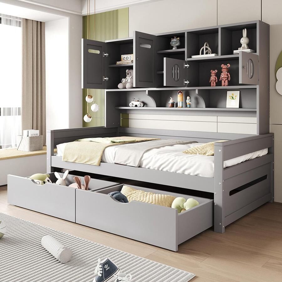 Pugsdrly Houten slaapbank 90 x 200 cm multifunctionele opbergruimte grote lade eenpersoonsbed bed voor tieners lattenbodem grijs (zonder matras)