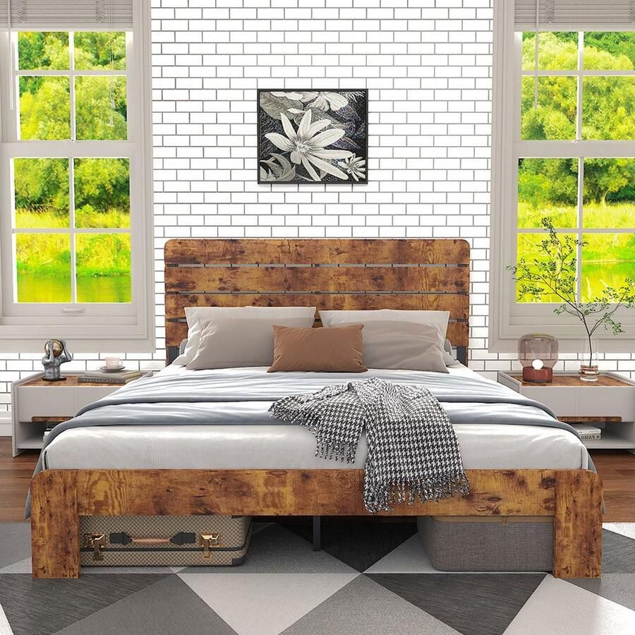 Pugsdrly Houten tweepersoonsbed 180 x 200 cm antiek houten bedframe met ijzeren lattenbodem en hoog hoofdeinde voor volwassenen kinderen en tieners met frame van ijzeren buizen